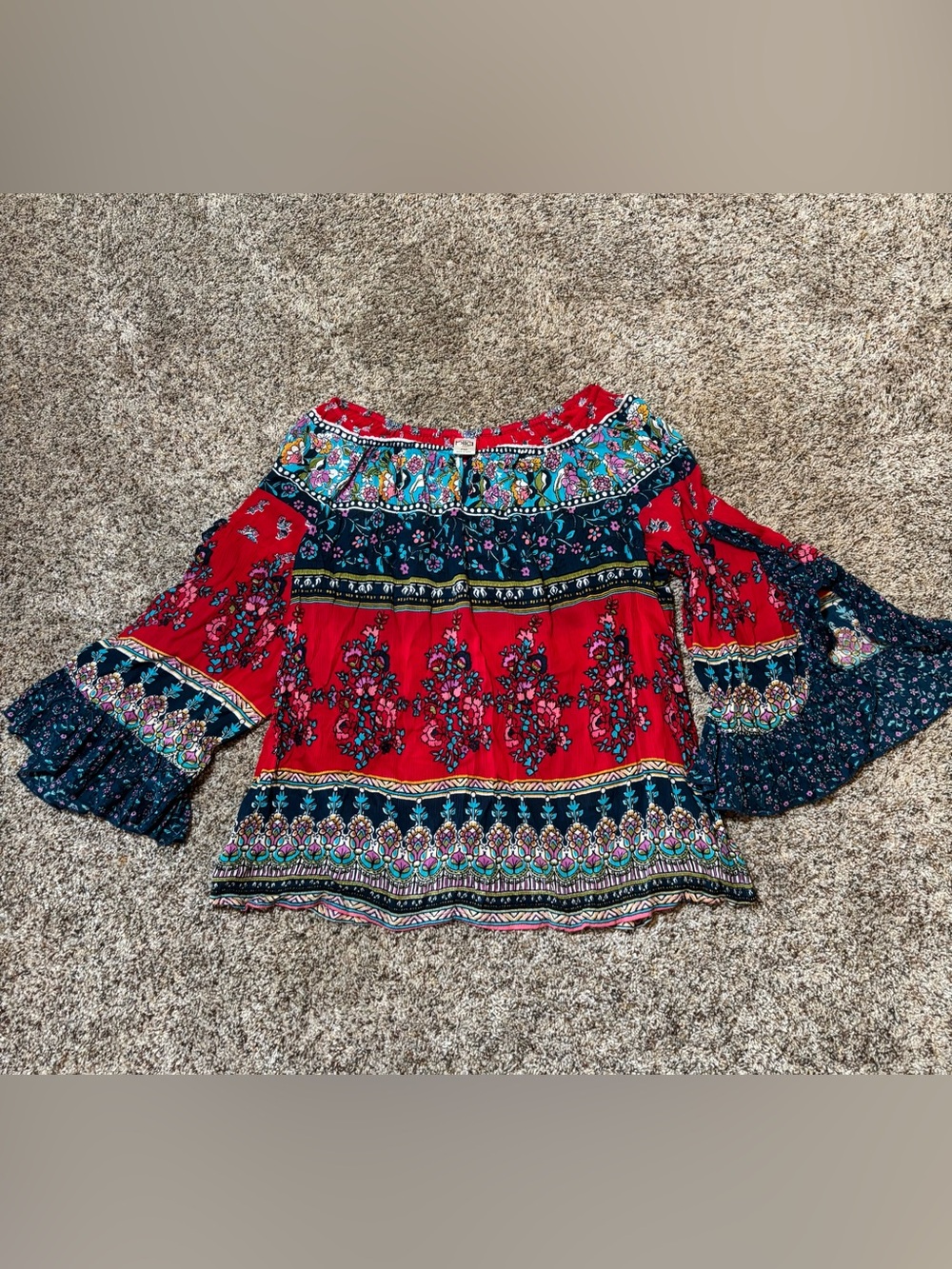 346. Vibrant Bila Red Floral Boho Off-Shoulder Peasant Top, Size PM
